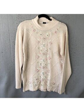 Vintage Beldoch Popper Sweater Tunic Womens L Cream Silk Angora Beaded Floral
